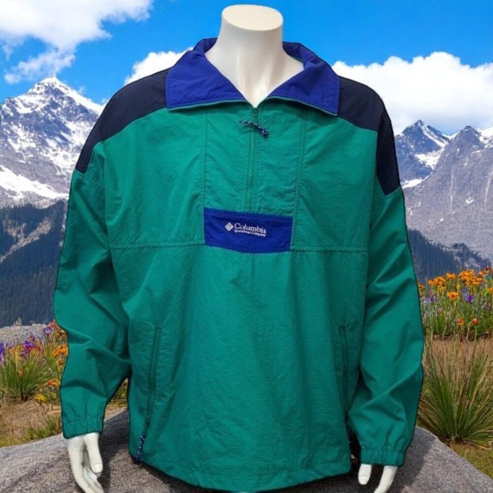 Columbia Green Blue Pullover Zip Rain Wind Jacket